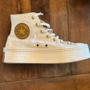 Converse White High-Top Platform Sneakers with Gold Details